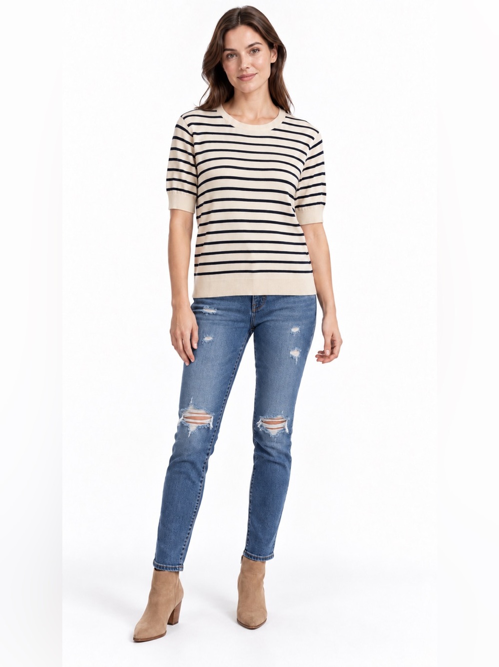 Zara Cream & Black Striped Short Sleeve Knit Top